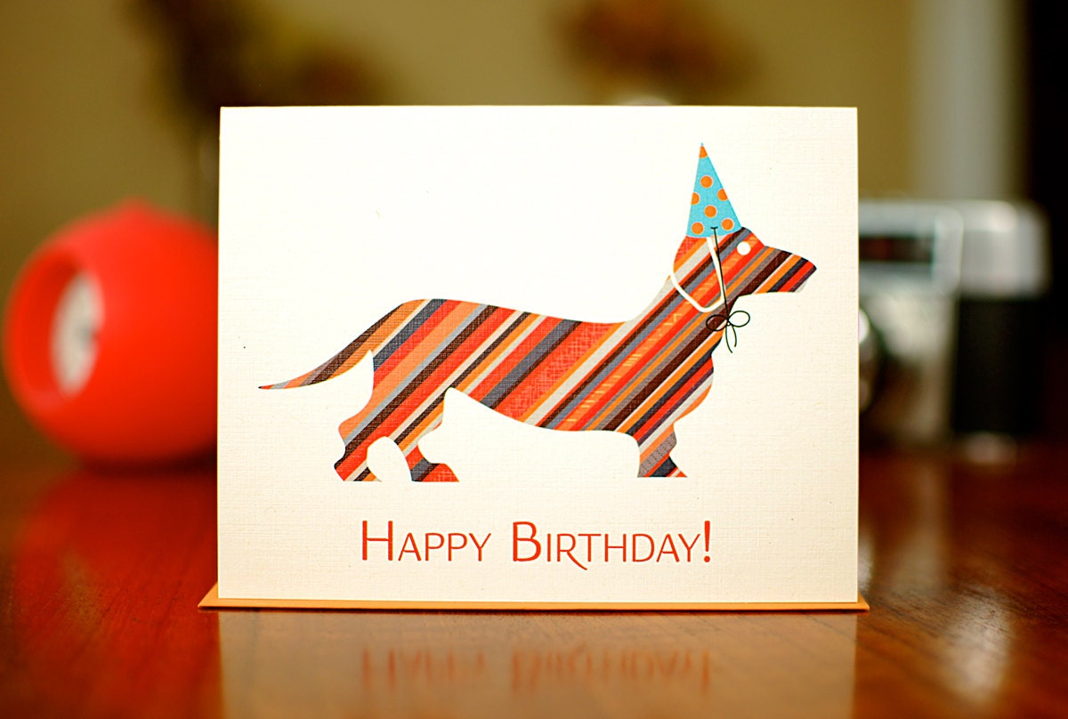 Candy Striped Doxie in Party Hat Happy Birthday Card (100% Recycled Paper)