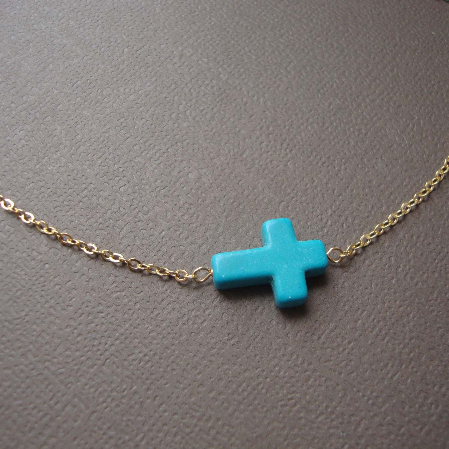 Sideways Cross Necklace- Turquoise Cross, Dainty Bracelet, Lovely Gift, Simple Sweet Colorful Necklace