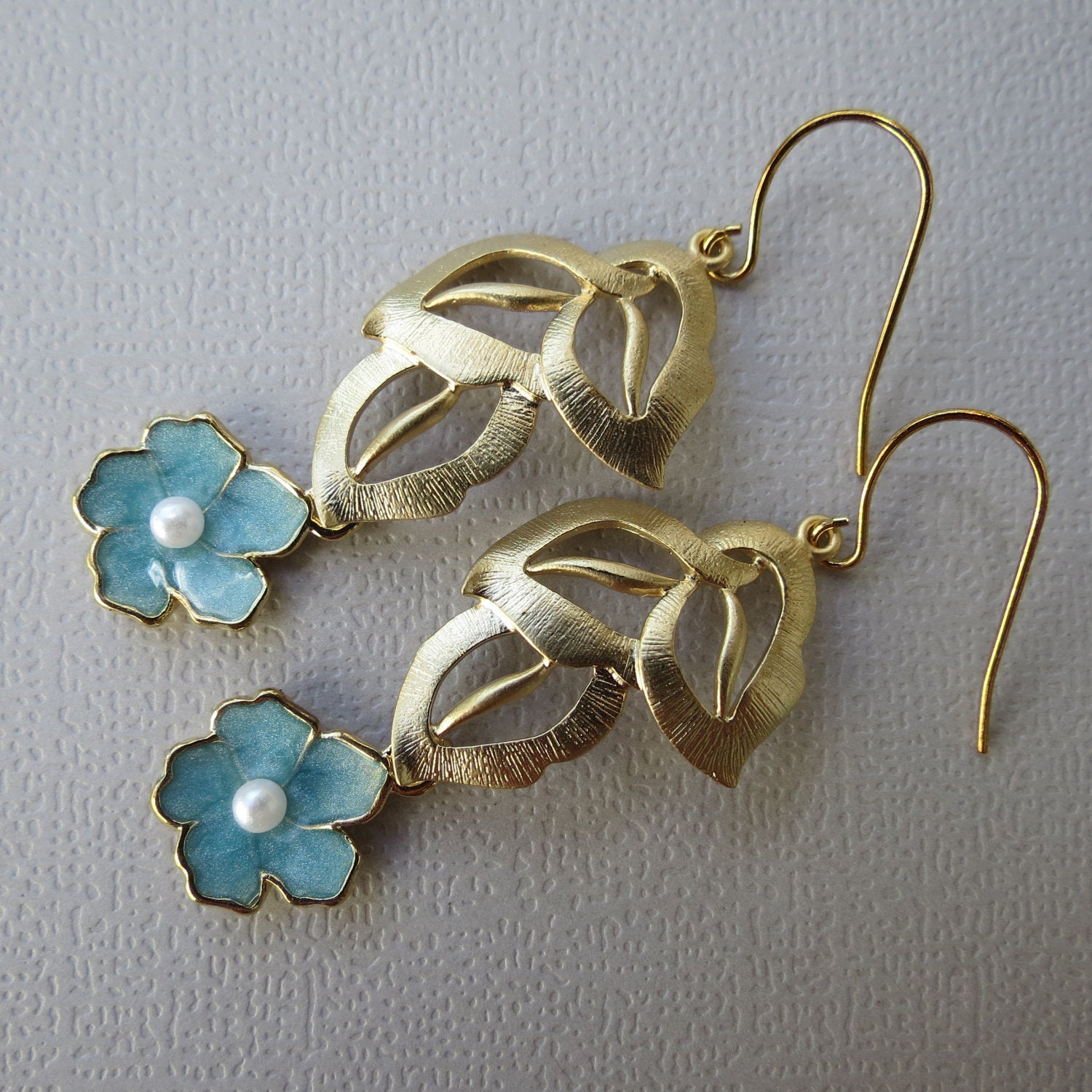 CALAIS - Gold Filigree Leaf  Earrings -  Sky Blue Sakura Flowers - feminine dangles, flower earrings -  chandelier style, matte gold finish