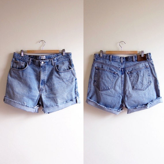 Vintage 1990s Shorts / Light Denim High Waisted Cut Offs CALVIN KLEIN Jean Shorts / 36 / Size Large