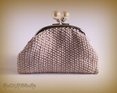 Cream wristlet purse - small wrist purse in eggshell toned cotton - clutch purse with silver frame and white pearl bead clasp.