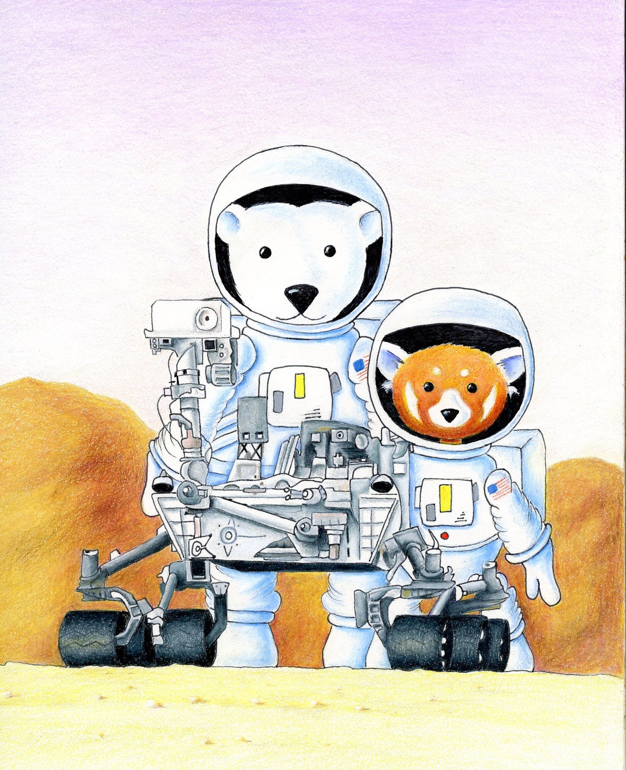 Walter the Red Panda and Jack the Polar Bear on Planet Mars 8 x 10 inch print by SBMathieu