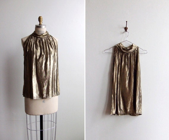 SALE / Vintage 1970s gold-tone metallic sleeveless blouse
