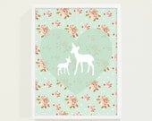 Heart Mint Green Nursery Art - Pink Floral Deer Kids Wall Art - Nursery Decor - Pastel Children Decor - Nursery Wall Art for Baby Girls Room