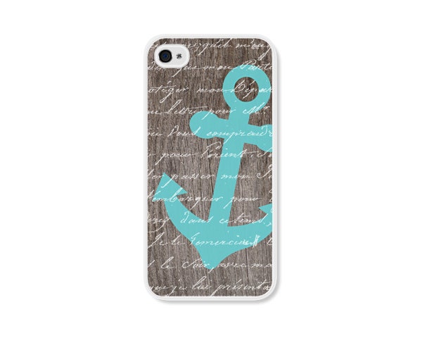 Anchor iPhone 4 Case - Plastic iPhone 4s Case - Wood Nautical iPhone Case Skin - Turquoise Blue Brown White Cell Phone