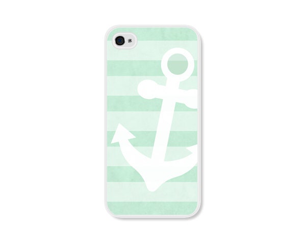 Anchor Apple iPhone 4 Case - Plastic iPhone 4s Case - Nautical iPhone Case Skin - Mint Green White Cell Phone