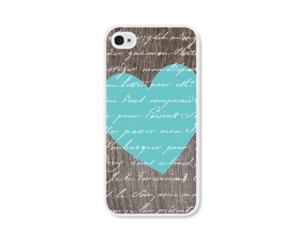 Heart iPhone 4 Case - iPhone 4 Cover - Wood iPhone Skin - Turquoise Blue Brown Valentine - Valentines Day