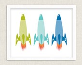 Rocket Ship Outer Space Kids Wall Art Print 14 x 11 Giclee Unique Boys Kids Nursery Modern Poster Gift