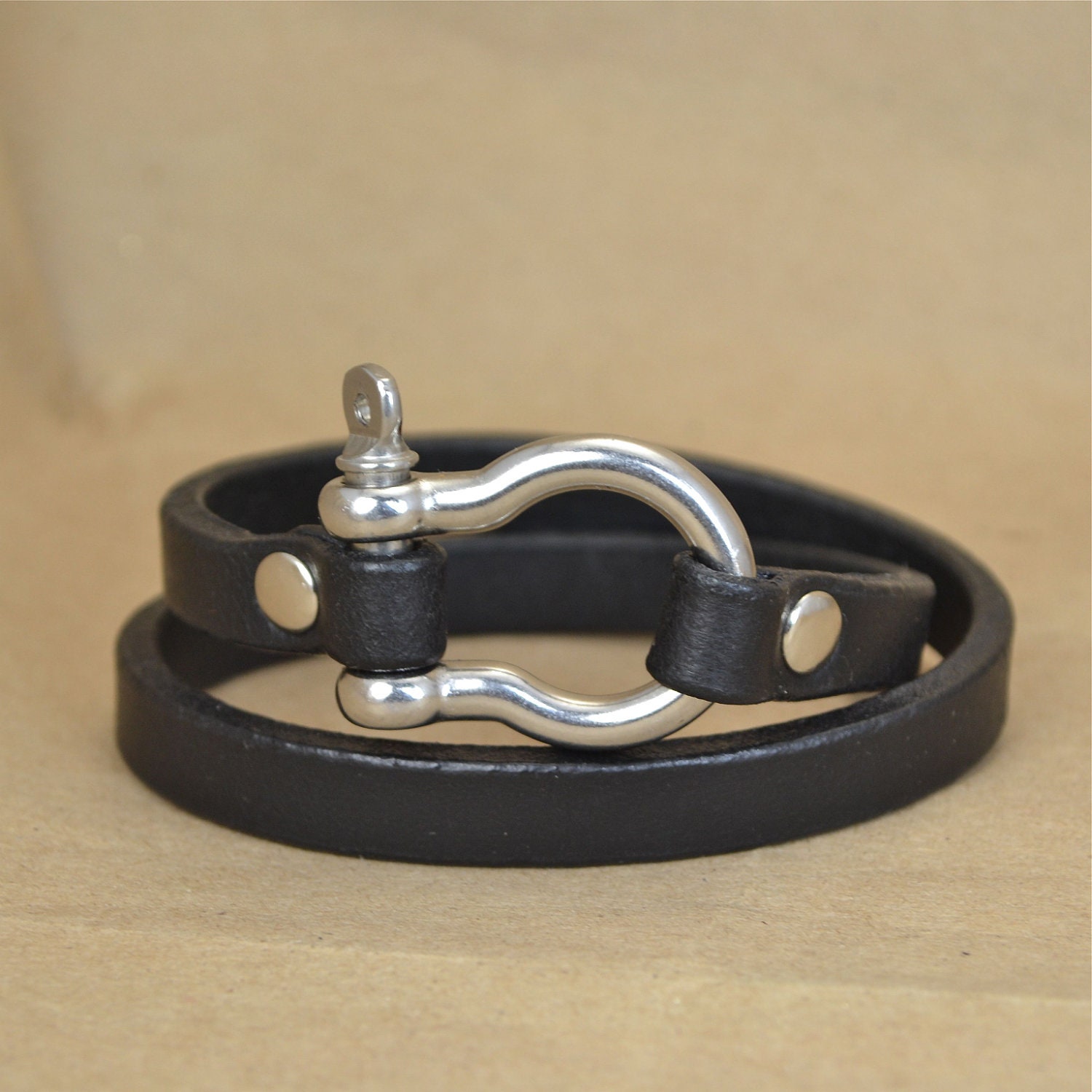 Black Leather Wrap Bracelet, Horseshoe