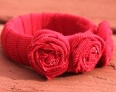 Jersey Knit Covered Bangle with Jersey Knit Rolled Fabric Flowers Red