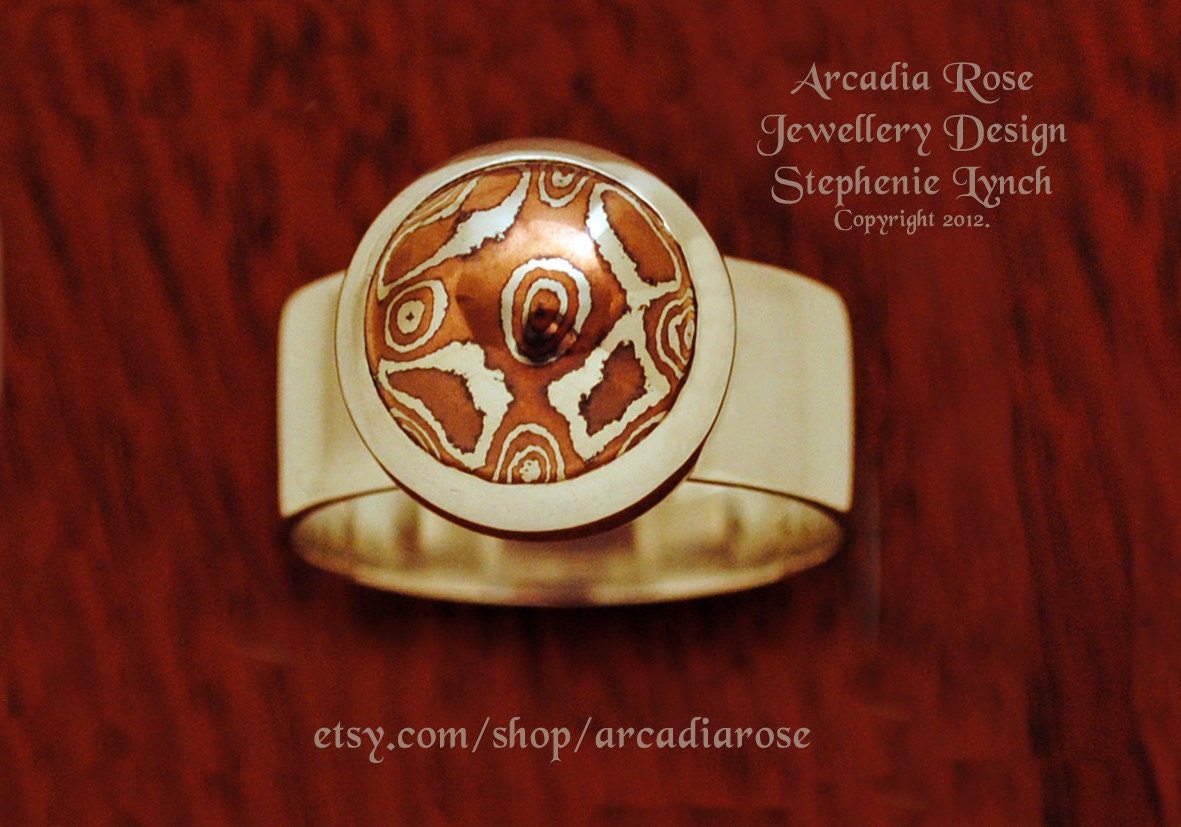 Mokume Gane Dress Ring - Size 8. (U.S.) Size Q. Fine Silver Setting, Sterling Silver Ring by Stephenie Lynch.