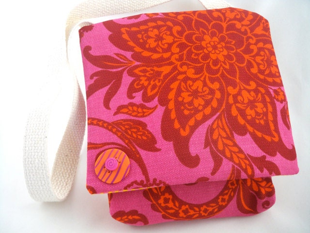Small messenger bag vintage fabric unique pink and orange mod colors with handmade button