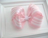 Cute Pastel Pink and White Canvas Stripe Large Girls Boutique Hair Bow Clip, Non Slip