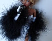 SALE: OOAK Dreamgirls-inspired silver gown, gloves, boa and microphone for 12 inch fashion dolls