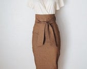 High Waist Pencil Skirt in Chocolate Brown & White  Pinstripe Denim Womens Clothing Custom Made - Small Only - FineThreadz