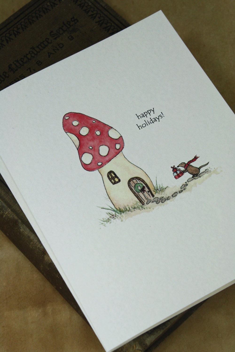 SALE 30% OFF - Woodland Shrew and Mushroom Handmade Holiday Christmas Greeting Cards, Set of 8 - Free US Shipping - Regular Price 12.00