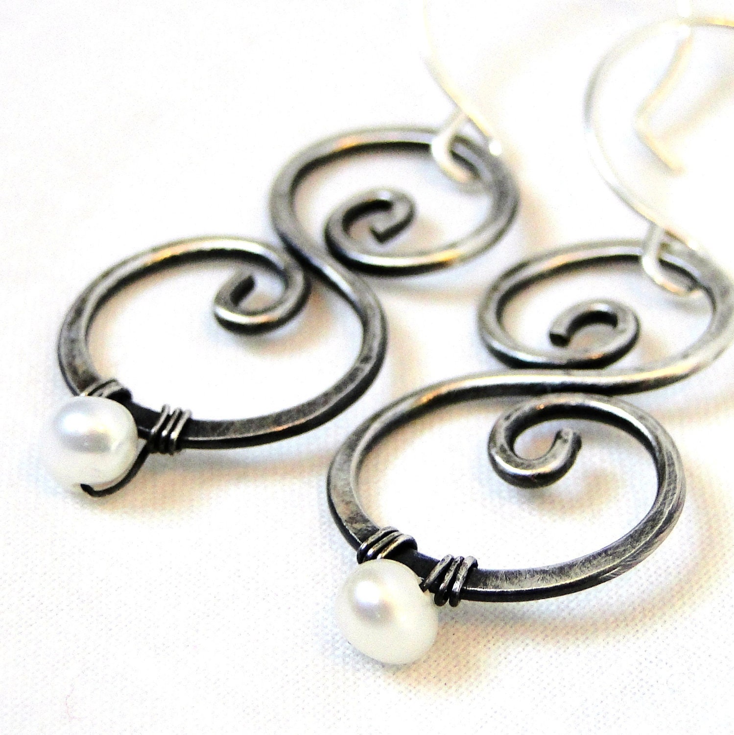 Antiqued Sterling Silver Freshwater Pearl Scroll Earrings Handcrafted Jewelry - KariLuJewelry