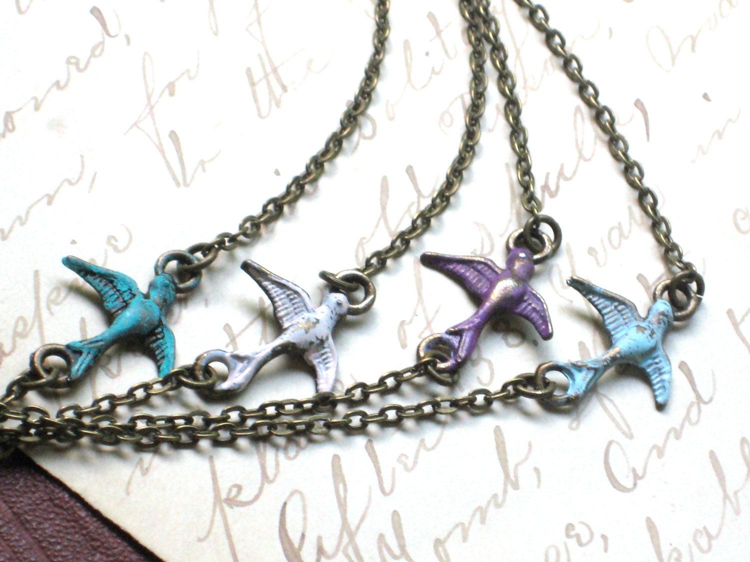 Bridesmaids Set of Five Tiny Sparrow Bird Necklaces in Your Choice of Patina, FOUR Colors to Choose From, Bridesmaid Gift, French Wedding