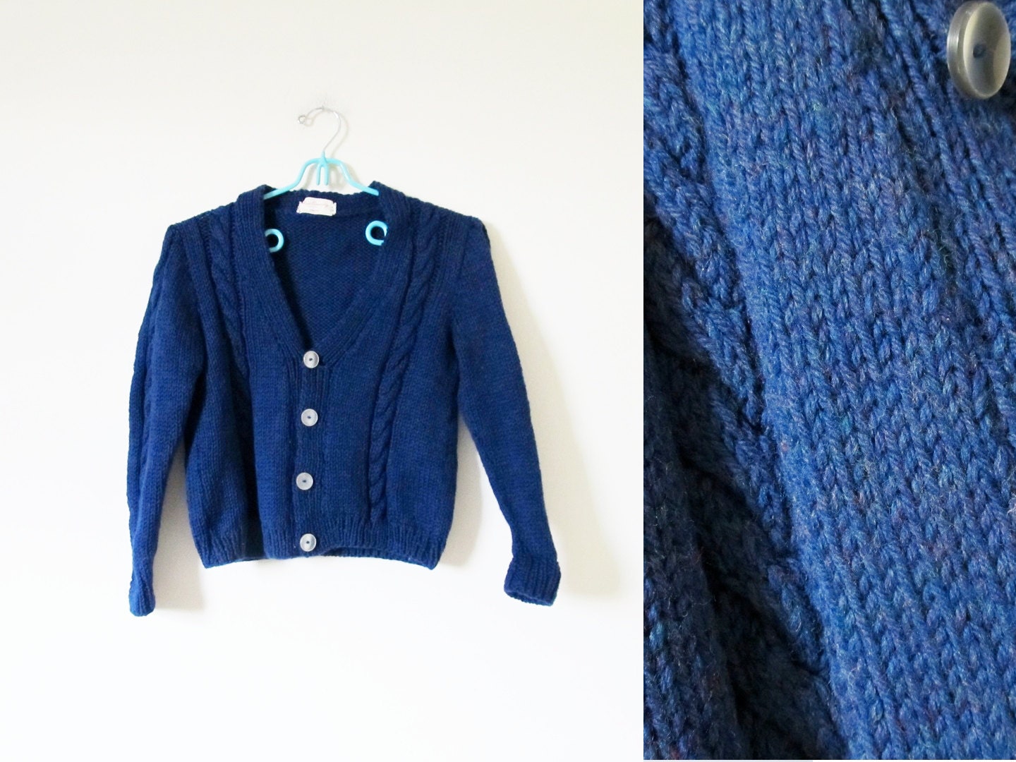vintage 1960s Sweater Cardigan // Navy Blue // Cable Knit // Big Buttons // Children