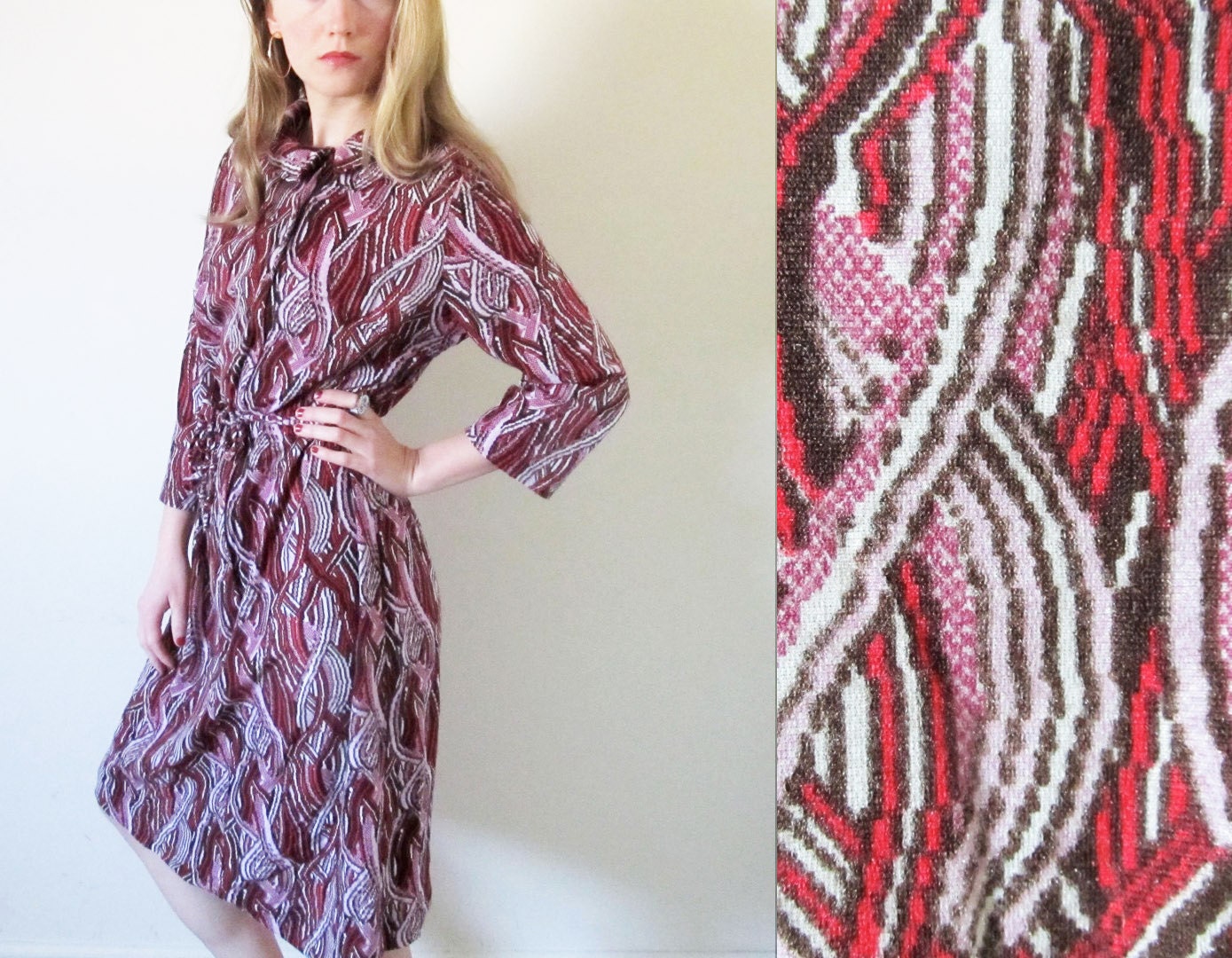 vintage 1960s dress // braid print // striped // pink and red // size medium m