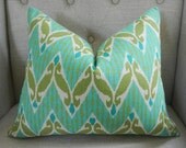 SALE - Decorative Designer Lumbar Pillow Cover - 12"X16" - Zig Zac IKAT Print in Turquoise, Aqua  and Apple green on a Natural Background