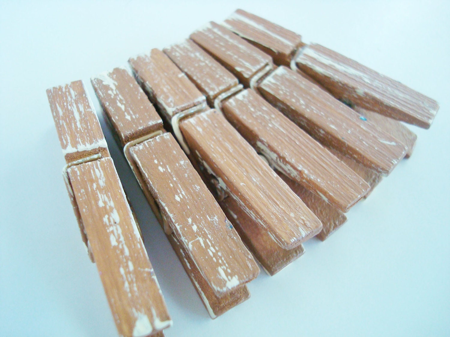 Caramel & Cream (Brown/Ivory) Distressed Mini Clothes Pins - Rustic 6 Pack