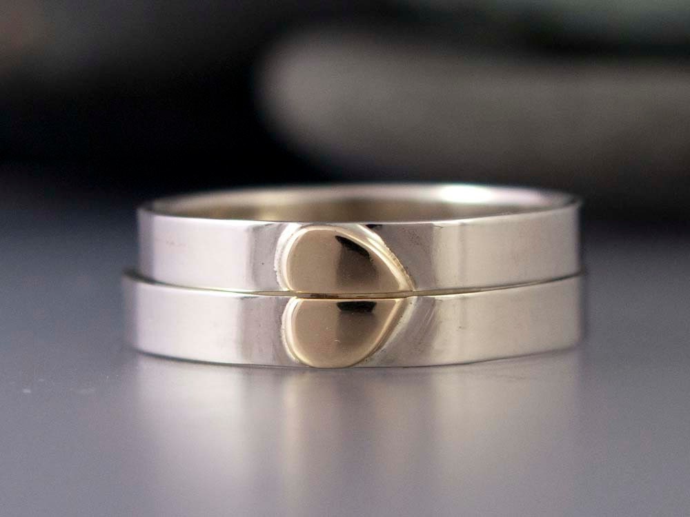 Yellow Gold Heart Wedding Bands - 3mm wide rings in 14k White and Yellow Gold - Handmade Wedding Band Set