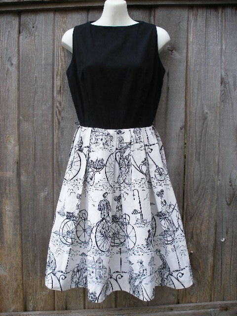 1950s JO JR DALLAS Dress In Black And White With A Bicycle Scene Pattern On Skirt