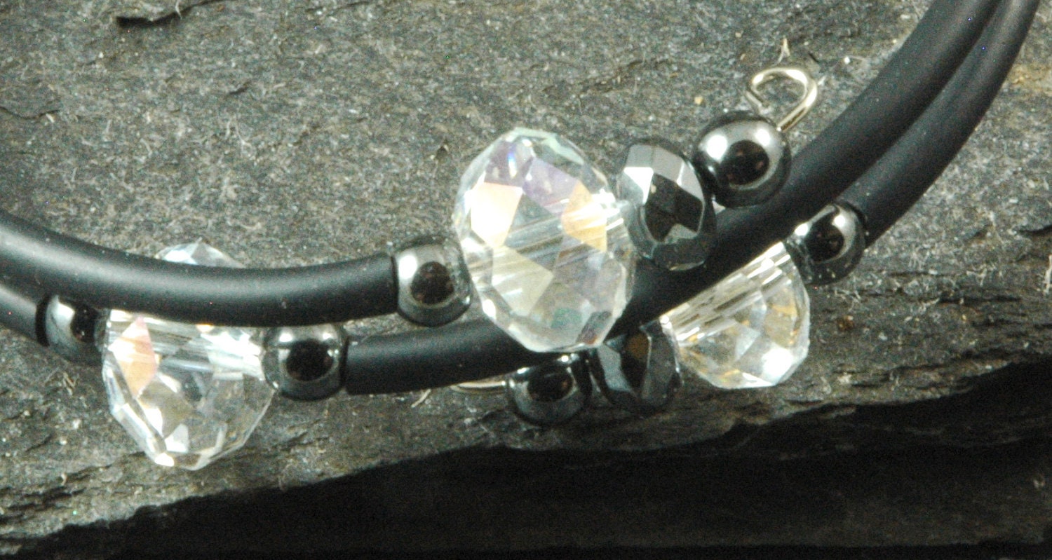 Double Wrap Hematite with  Swarovski Crystal , Rubber and Stainless Steel Bracelet