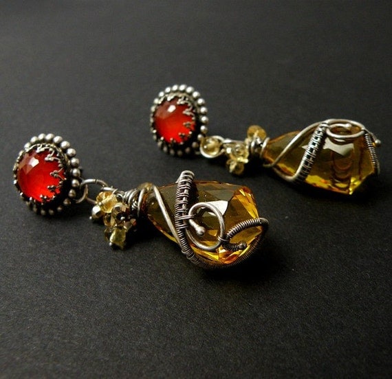 Luxury silver wire wrapped earrings with citrine , carnelian , gold pyrites , wirework , metalwork