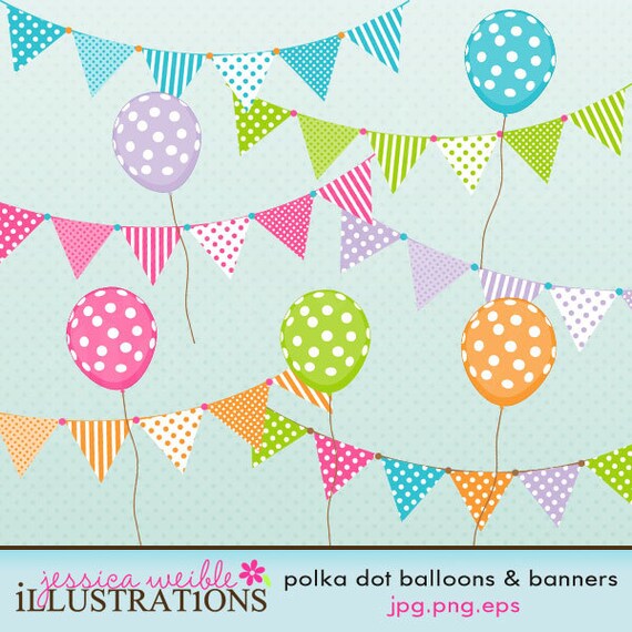 Polka Dot Balloons & Banners Cute Digital Clipart for Card Design, Scrapbooking, and Web Design Il_570xn