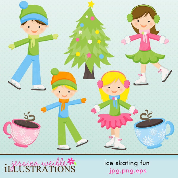 Ice Skating Fun Cute Digital Clipart for Card Design, Scrapbooking, and Web Design Il_570xn