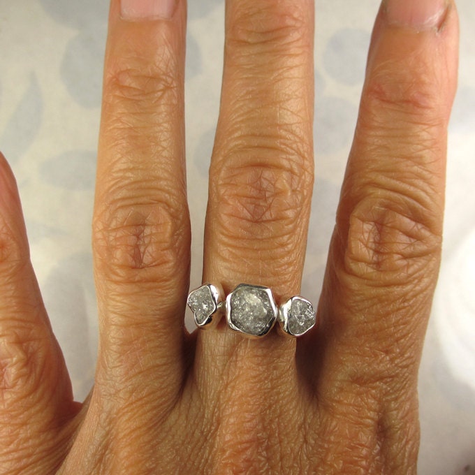 Three Stone Rough Diamond Ring - Palladium Sterling