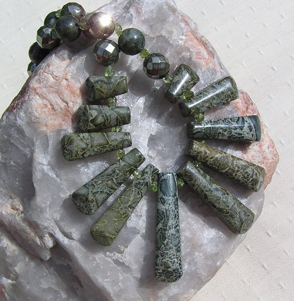 Rhyolite, Peridot, Pyrite, Prehnite & Jasper Crystal Gemstone Fan Statement Necklace - "Larch"