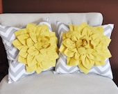 TWO Mellow Yellow Dahlia on Gray and White Zigzag Pillow -Chevron Pillow-