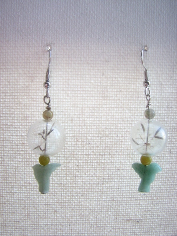 Glass Bead Earrings Dangle Dandelion Fluff  Aventurine Birds - Spring Flight