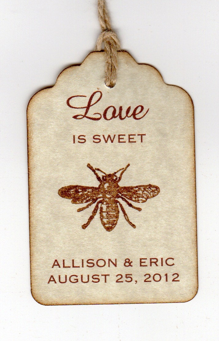 50 Bee Wedding Favor Gift Tags / Place Cards / Escort Tags / Thank You Tags / Shower Tags / Love Is Sweet / Honey Jar Labels - Vintage