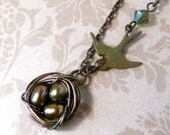 Birds Nest Necklace - Moss Green - Freshwater Pearl - Antique Brass