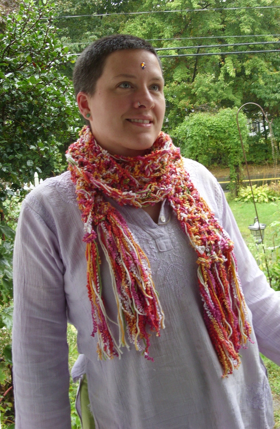 Extra Long Crocheted Cotton Sorbet Orange and Pink Hippie Bohemian Lariat Scarf
