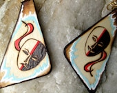 Theater masks dangle earrings -Hand painted pyrography art