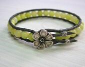 Wrap bracelet with Hill Tribes silver, Bohemian jewelry, gemstones, leather, yellow green southwest boho chic, stackable