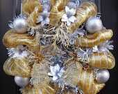 Over the Top Wreaths, Christmas Mesh Wreath, Gold and Silver, Deco Mesh Wreath, Christmas Deco Mesh Wreath