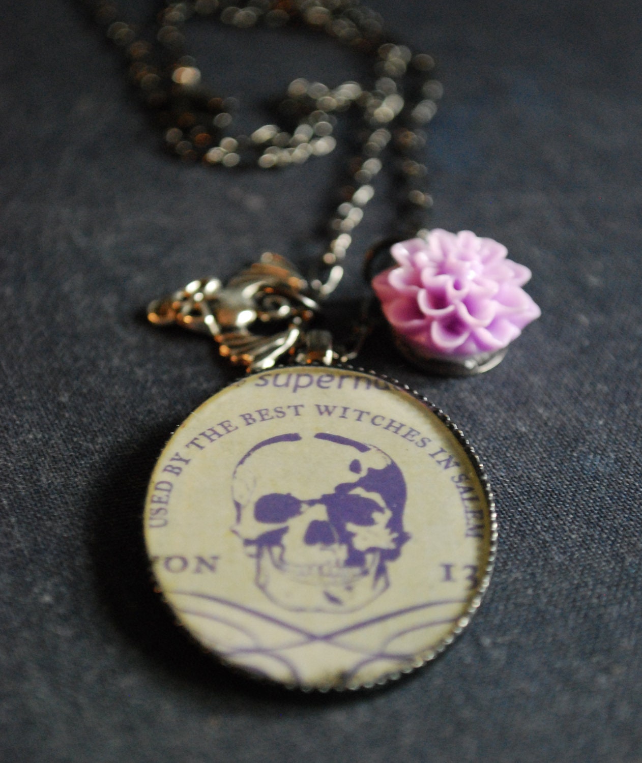 Purple/Lavender and Black Skull Cameo Necklace - Gunmetal Silver Chain