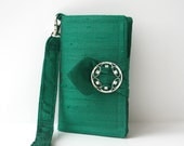 Free Shipping iPhone 5 // iPhone 4 // Emerald Green Silk Dupioni Case And Wallet Silver Rhinestone  Buckle Valentines Day Gift