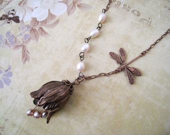 Tulip Necklace. antique copper tulip with flying dragonfly and freshwater pearls