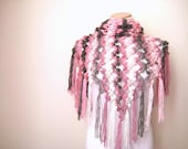 Pink, Gray, White Bubble Shawl - Warm Triangle Scarf Cowl - GIFT for HER - Ready to Ship