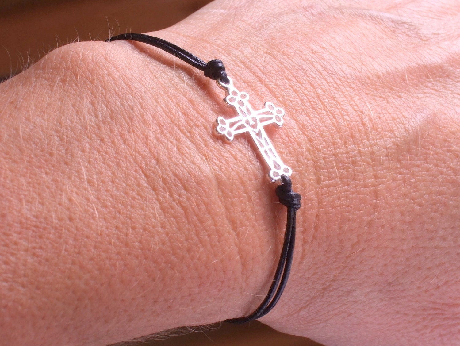 Sterling Silver Sideways Cross Bracelet on Black Leather, Unisex, Additional Leather Colors - Brown, Turquoise, Red, Pink