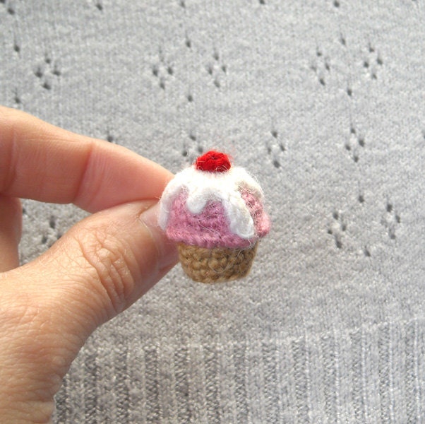 Cupcake Crochet Brooch - Pink Cupcake Pin with Cream and Cherry - Amigurumi Cupcake Plush Brooch