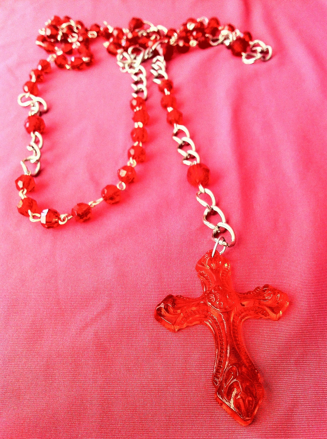 Gothic Industrial Red Opaque Thick Curb Chain and Cross Long Beaded Rosary