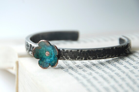 Forget Me Not Flower Bracelet Sterling Silver Cuff With Copper Forget Me Not Flower